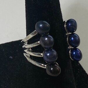 Midnight Blue Glass Stone Ring Silver Tone Sz Adjustable